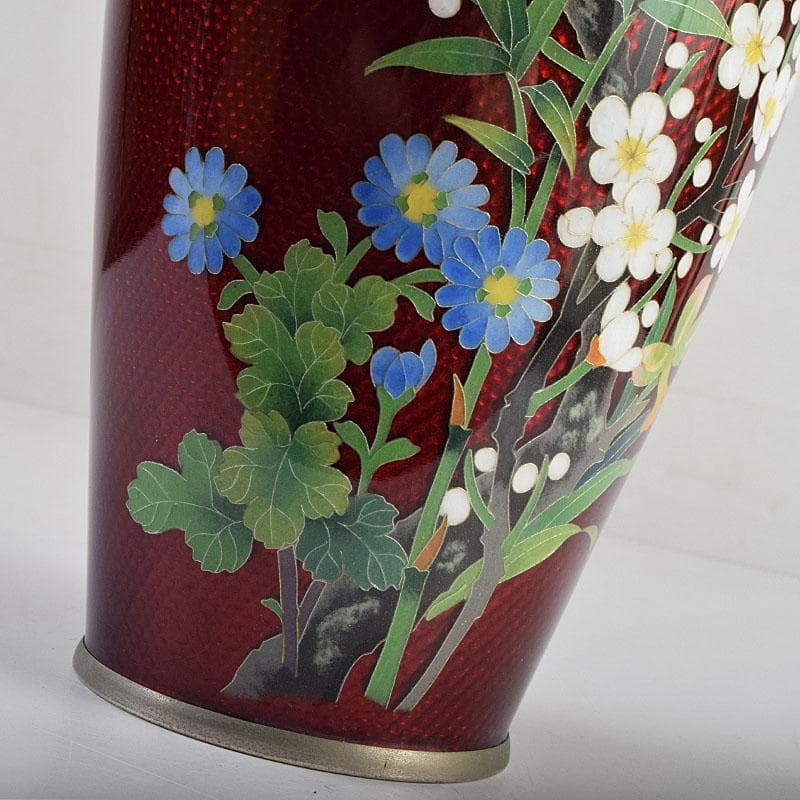 七宝焼　赤透釉　四君子文　花瓶　共箱　M　R9450
