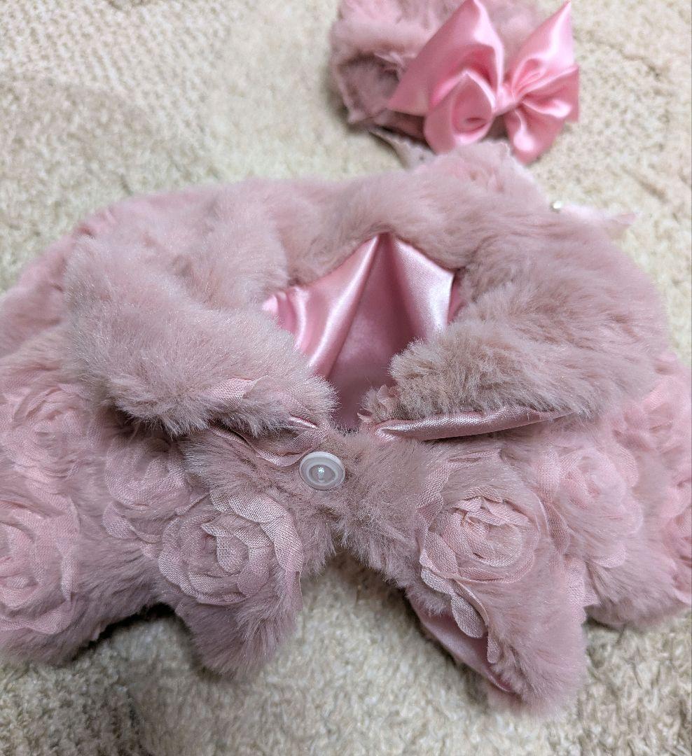 オーダー可能　ピンクのバラ模様ファーケープ＆ファーベレー帽　ハンドメイド