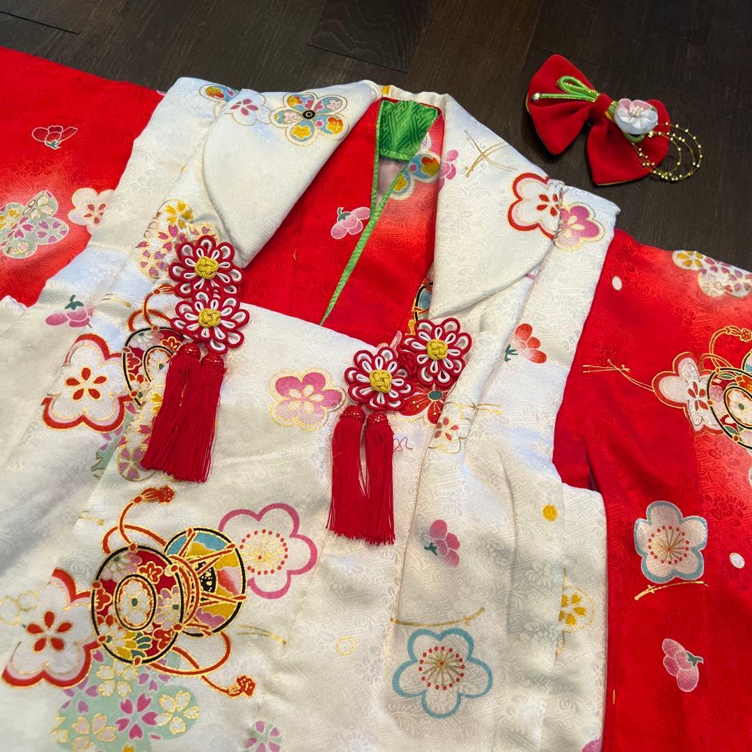 ラ*ン様 七五三 三歳 着物 被布 小物一式 フルセット 正絹 梅 鼓 肌襦袢付