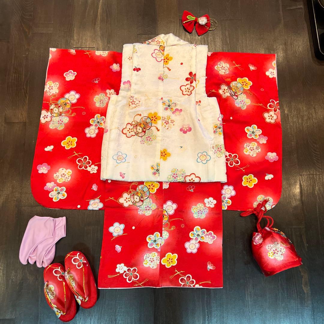 ラ*ン様 七五三 三歳 着物 被布 小物一式 フルセット 正絹 梅 鼓 肌襦袢付