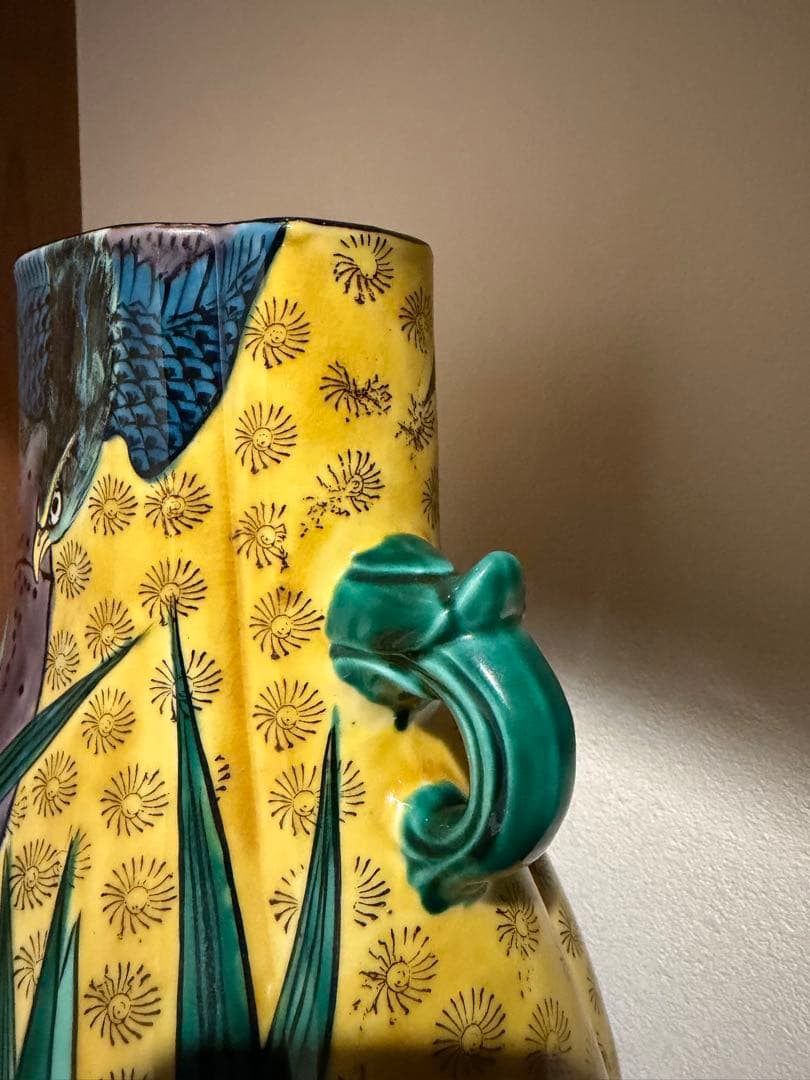 九谷焼 志保 双耳花瓶 共箱付 竹 鳥 花瓶 壺 花入