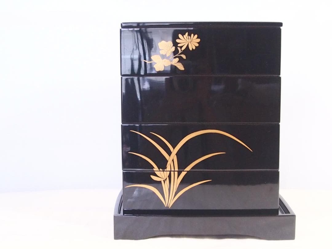 【美品】輪島塗 大向高洲堂 五聖蒔絵 四段重箱 台付き お重/弁当箱 漆器/食器