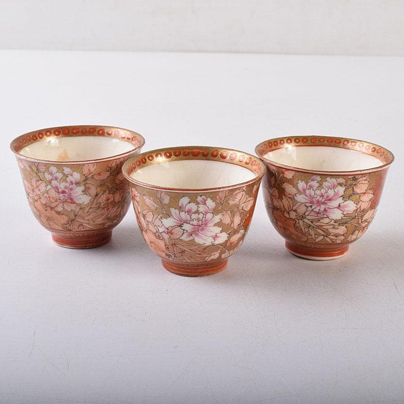 九谷焼　古九谷　赤絵金彩　花鳥文　煎茶碗　五客　D　R8651