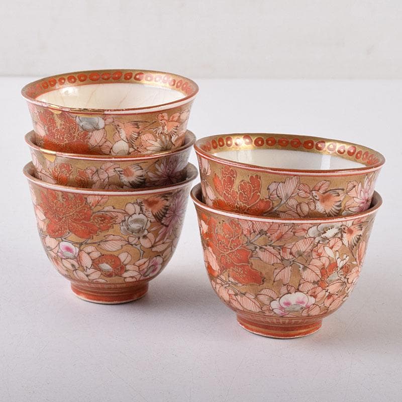 九谷焼　古九谷　赤絵金彩　花鳥文　煎茶碗　五客　D　R8651