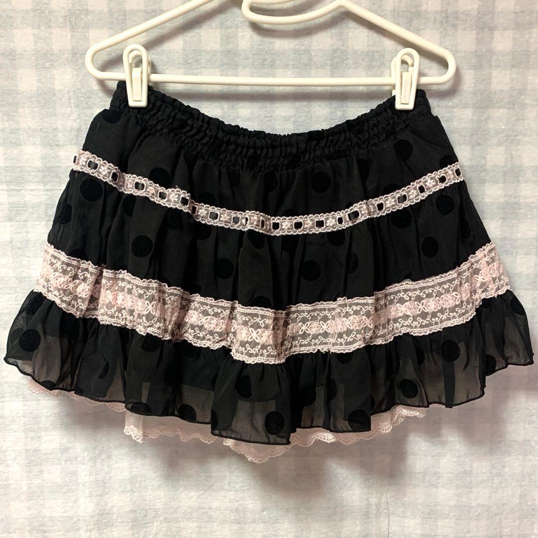 TRALALA 希少 ドット柄 リボン ブラックシフォンピンクレーススカパン