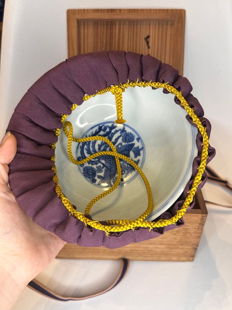 本mercy専用　大明萬暦年製 底款 青花染付対頭鳳紋 碗 仕覆木箱 中国古美術