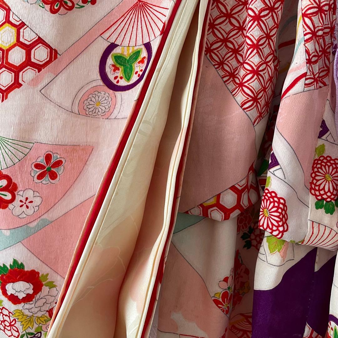 七五三　３歳　女の子　正絹　アンティークお着物　セット　正絹白地の被布コーデ