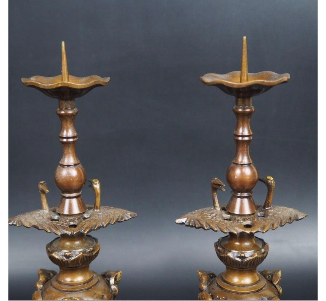 送料無料 時代物　『栄翠』造　銅製燭台一対　高さ27.5ｃｍ　仏教美術
