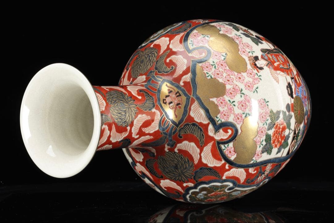 伊万里焼 大型花瓶 飾壺 45.5㎝ 赤絵金彩 美人花車図 伊萬里 古美術 骨董