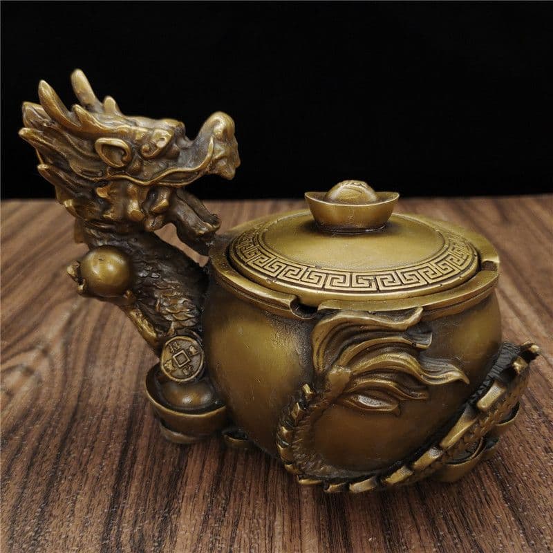 銅製 竜戯珠の灰皿 書道具 文房具 装飾品 工芸品 美術品