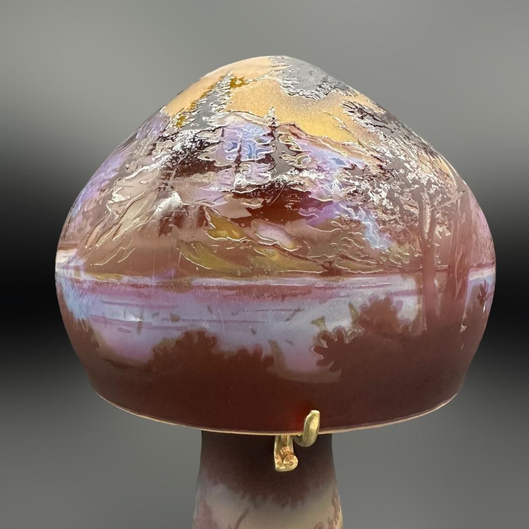 エミールガレ 2灯　山景文　台座真鍮　カメオ彫り　被せガラス　高さ32cm