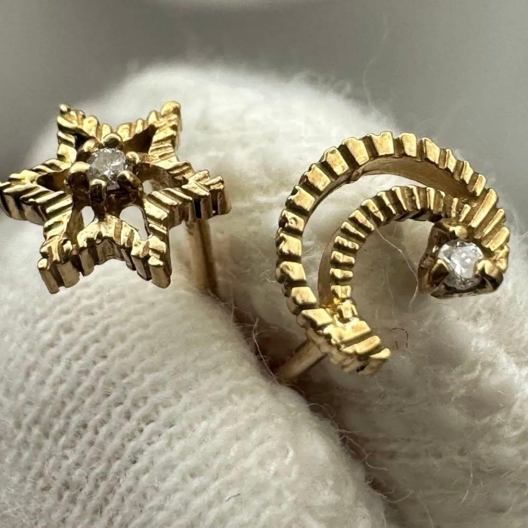 K18 天然ダイヤ 0.01ct ピアス カフェオリ 星 月 18金 資産価値◎