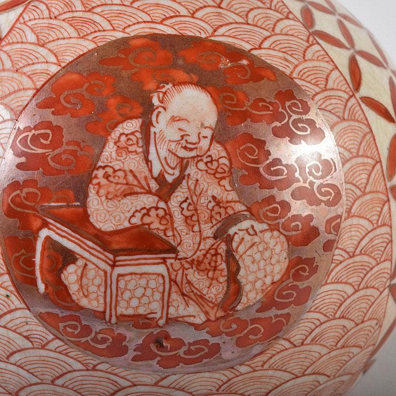 九谷焼　赤絵　人物文　葫蘆瓶　徳利　時代箱付　M　R8640