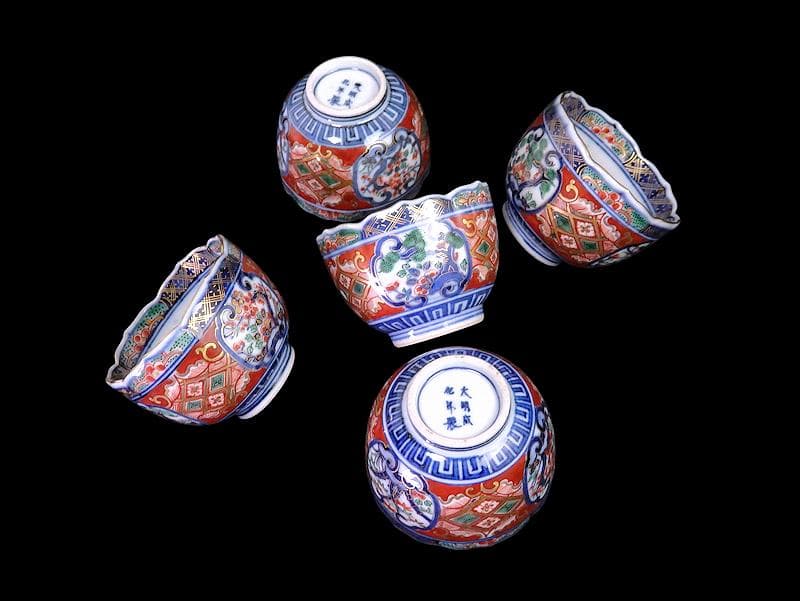 大聖寺伊万里　金襴手　窓絵　松竹梅の図　猪口　５客　E047AS-DCf