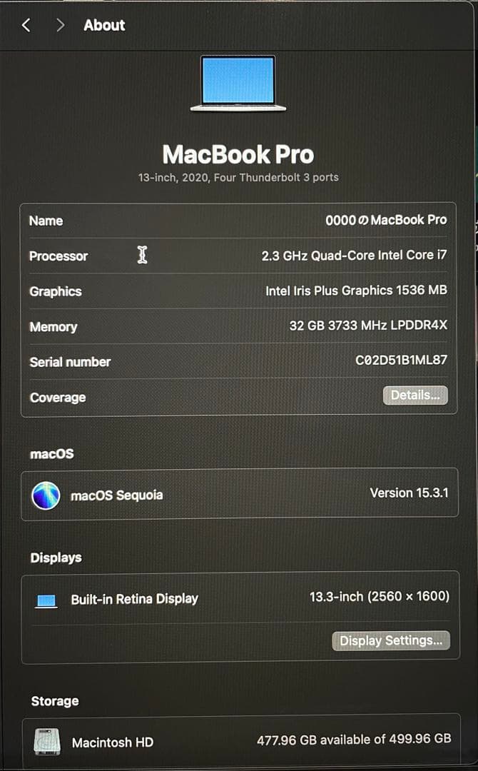 美品 MacBook Pro 2020 TouchBar付き