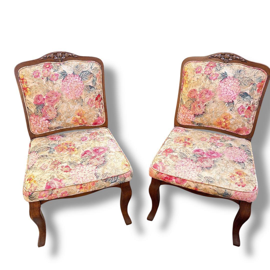 アンティーク 猫脚風 2脚セット 木製 花柄 チェア 店舗什器 ブラウン