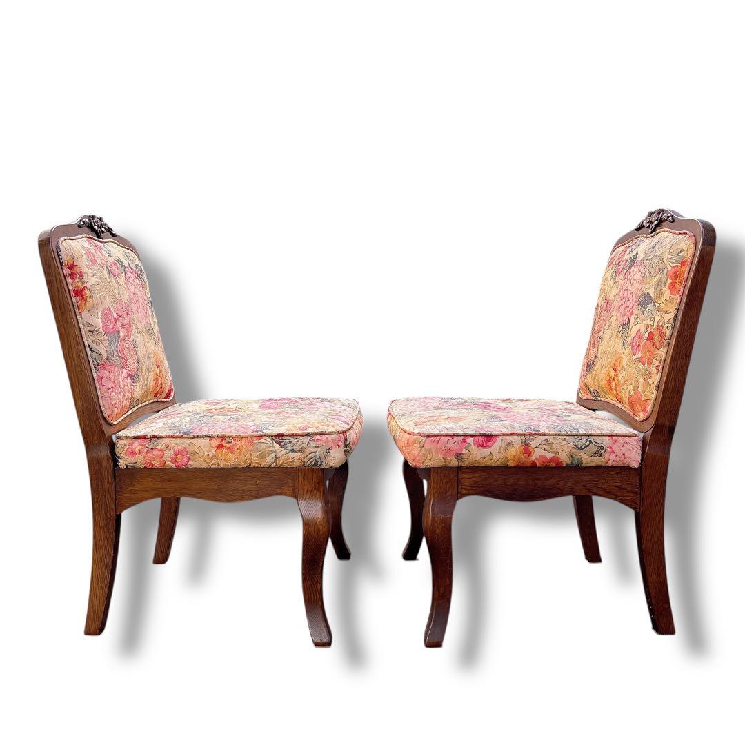 アンティーク 猫脚風 2脚セット 木製 花柄 チェア 店舗什器 ブラウン