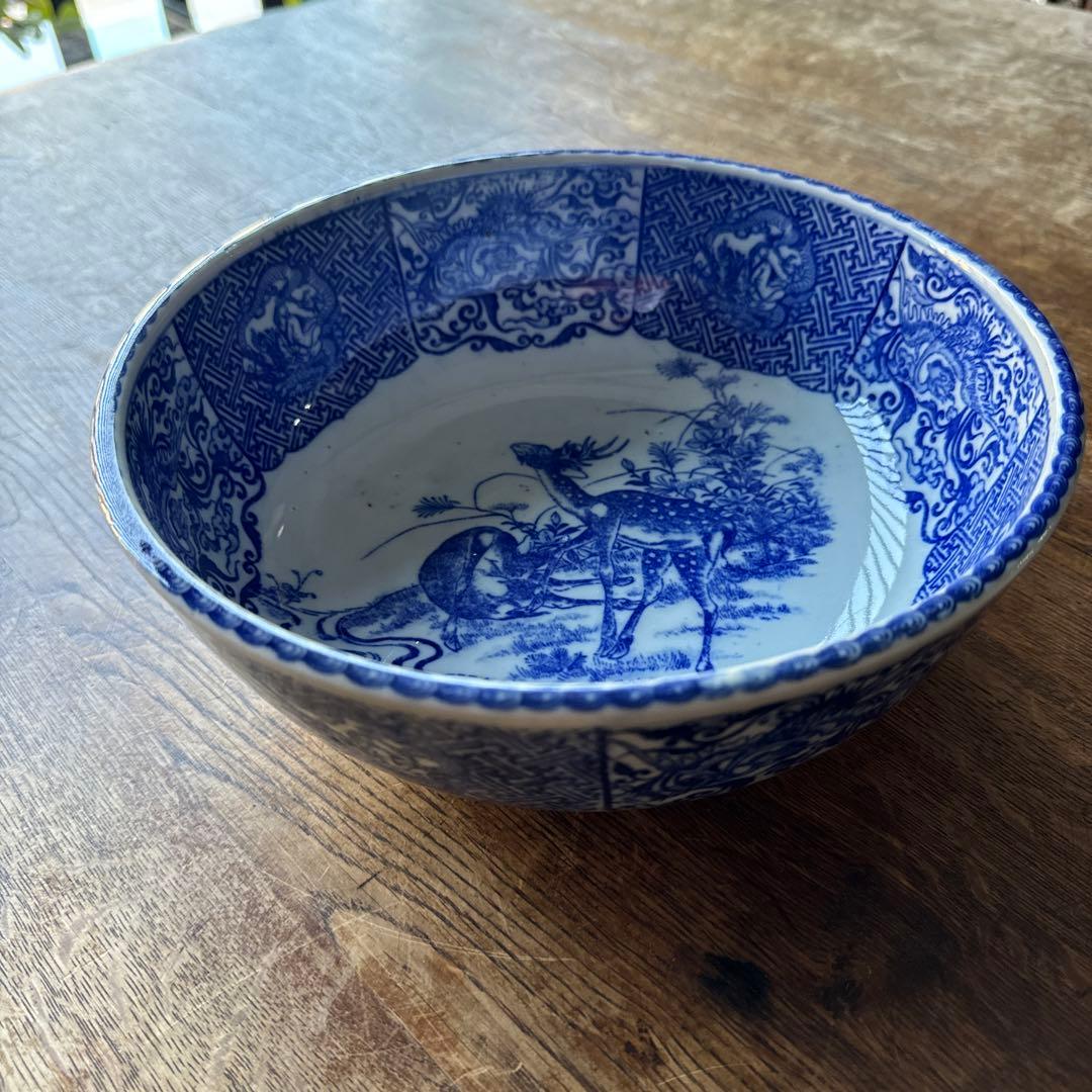 明治〜大正期 古伊万里 印判手 鹿に鳳凰龍人物文 丸鉢　K264