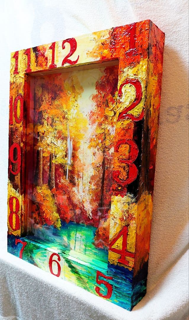 油絵 絵画 時計【紅葉の湖】