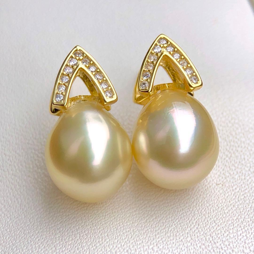 本真珠南洋白蝶真珠　レモン茶金11.4×9.8㍉s925ピアスBL915