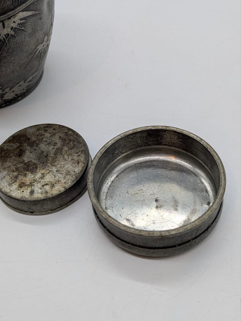 古錫 茶筒 竹林 骨董品 銘有 茶壺 茶入 時代物 亦膳堂造?