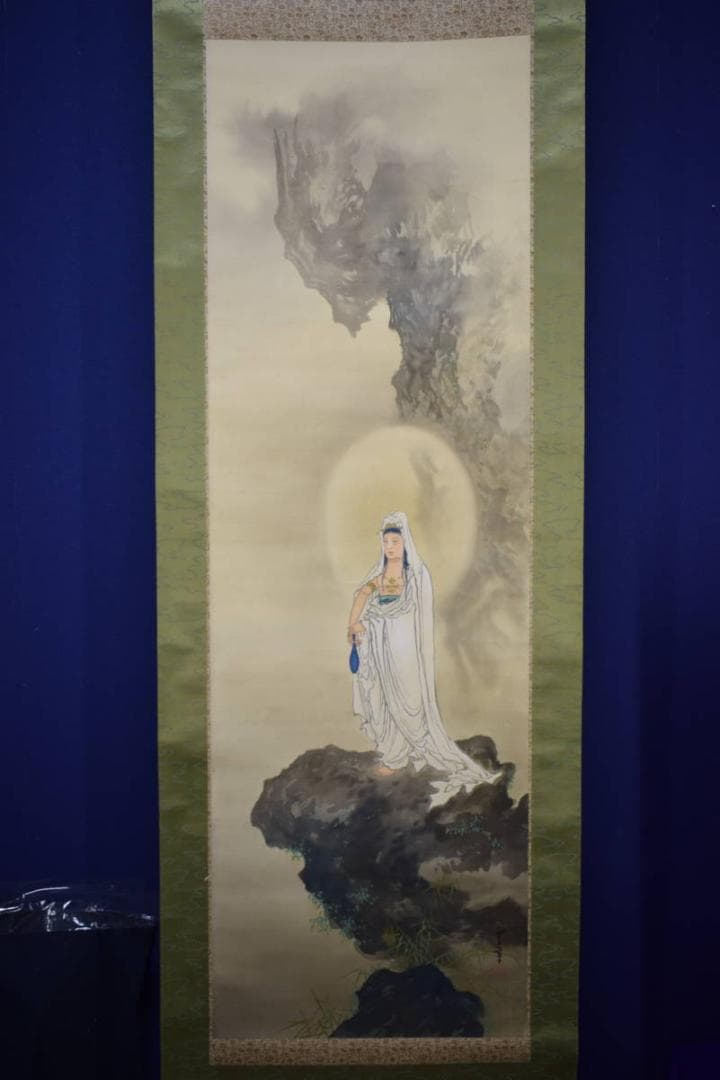 真作/雲案/岩上観音図/布袋屋掛軸HJ-337