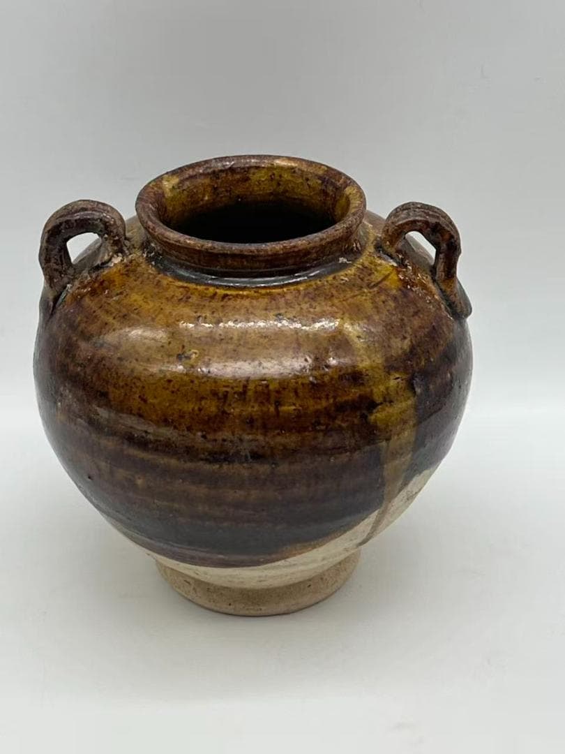 金から元時代　褐釉双耳小壺 茶入　茶道具　水指 酒器 時代物(F-121)