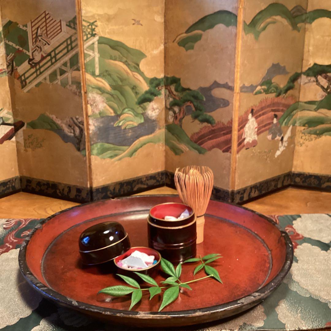 A1025 木製漆器　溜塗　　時代　化粧道具　菓子器　小物入（大、小）セット