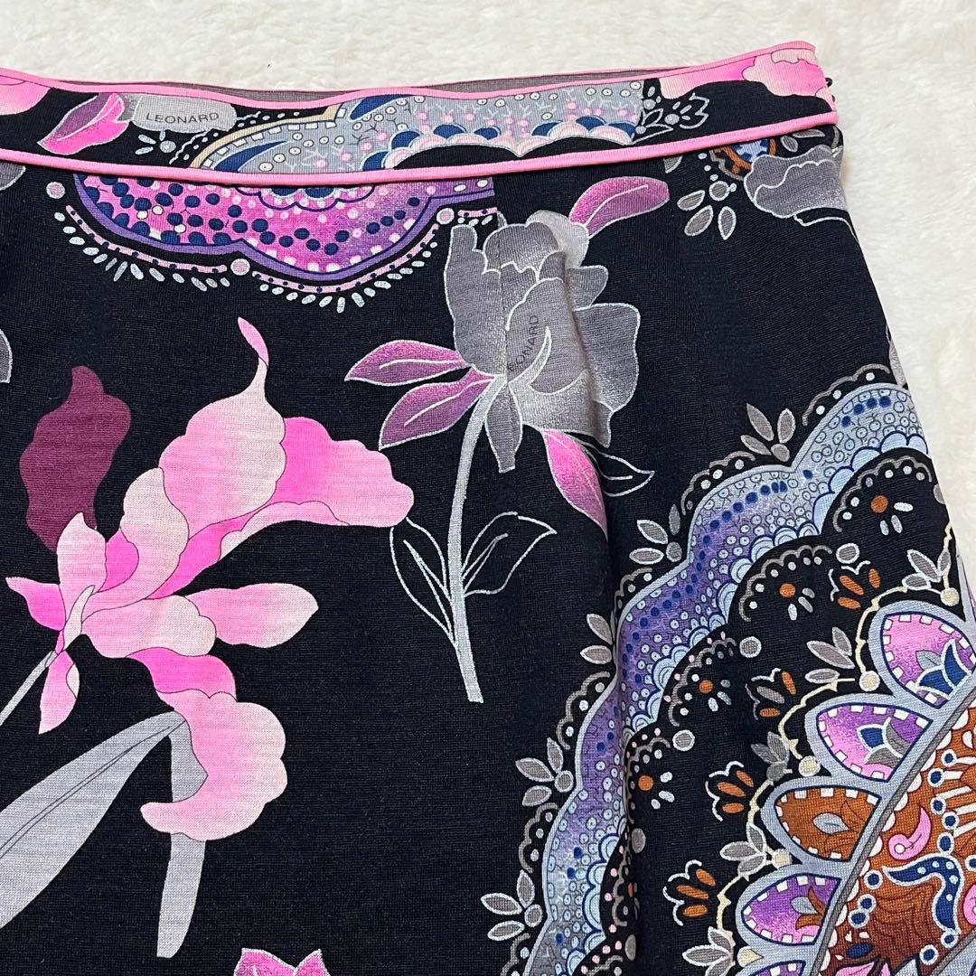 レオナール スカート ウールシルク 花柄 ペイズリー ひざ丈 76 黒ピンク