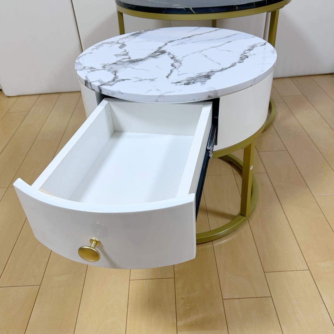 ネストテーブル サイドテーブル ナイトテーブル　丸 引出付き 収納　大理石調