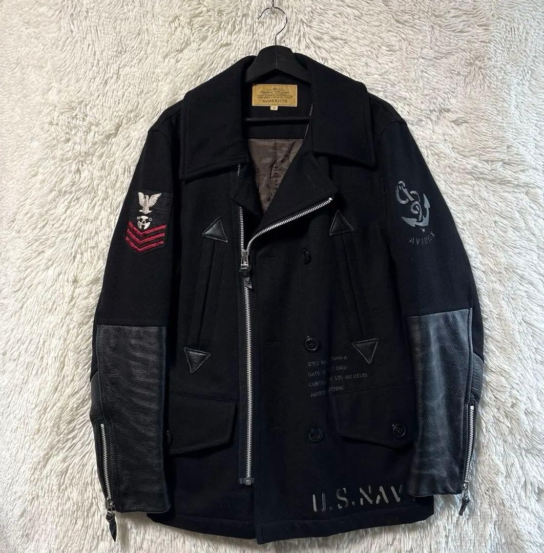 AVIREX U.S. NAVY Pコート　ライダース　ウール　レザー　ブラック
