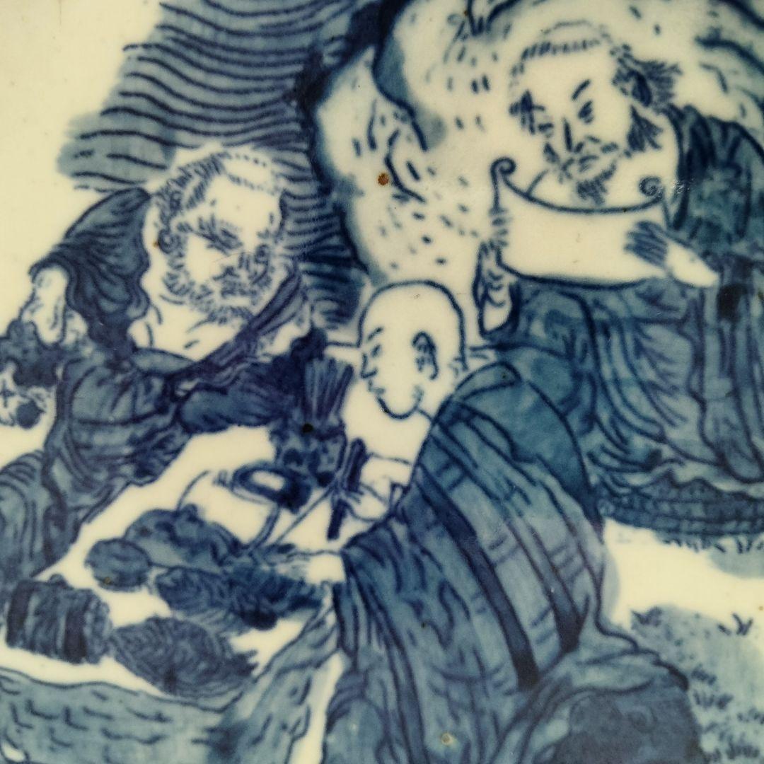 W318-2 清朝 古染付 在銘 大清康照年製 角鉢 筆筒 賢人山水図　E