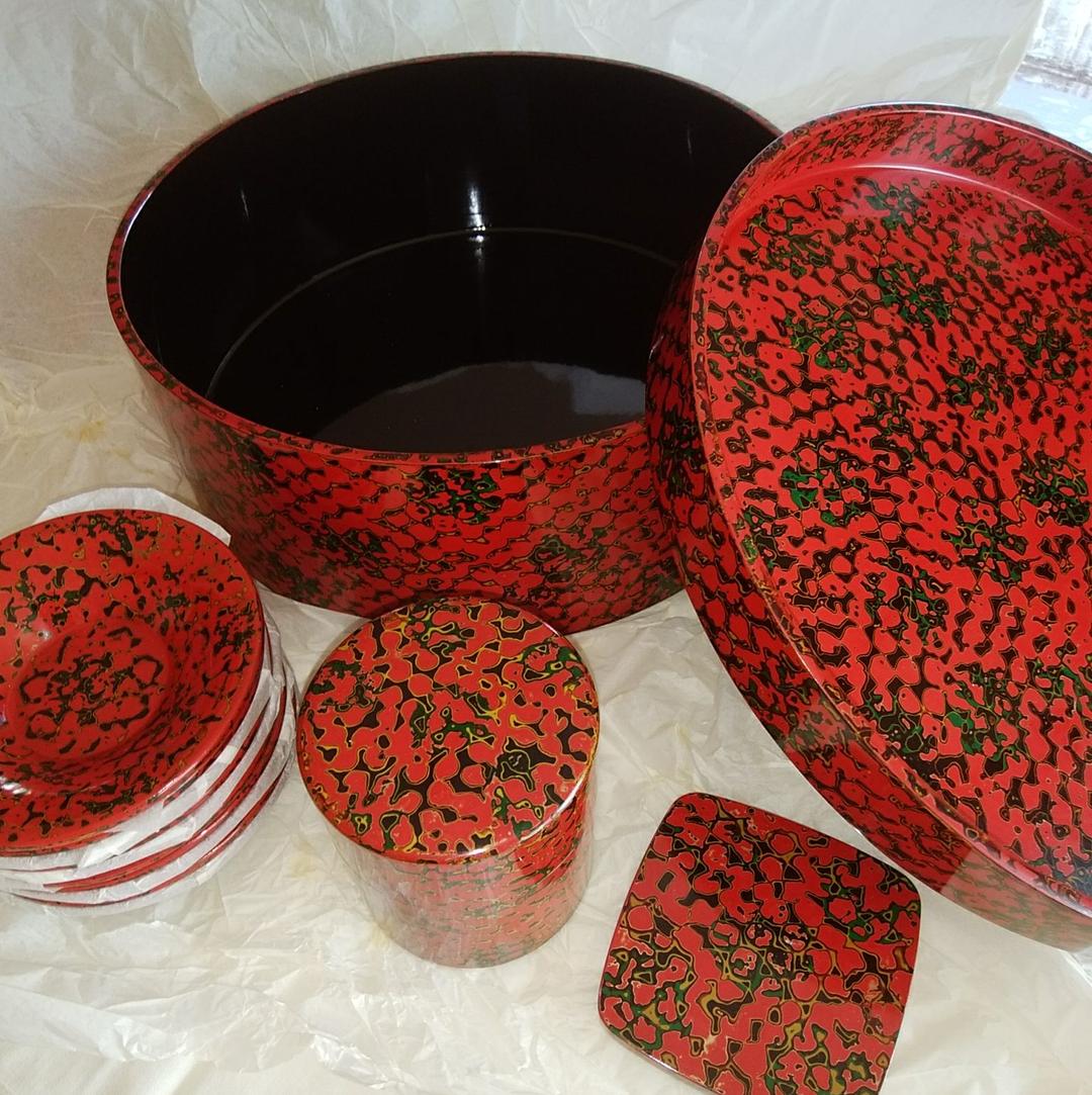 新品未使用 津軽塗 唐塗り 伝統工芸品 茶道具セット 茶びつ 茶托 茶筒 急須台