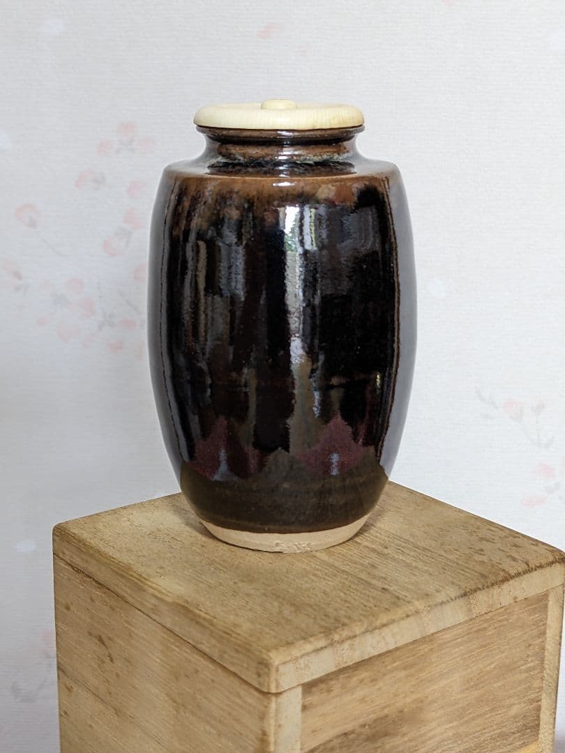 ♦茶道具 肩衝茶入 平安作 仕覆付き 薩摩間道 名物裂 共箱入 美術品 工芸品