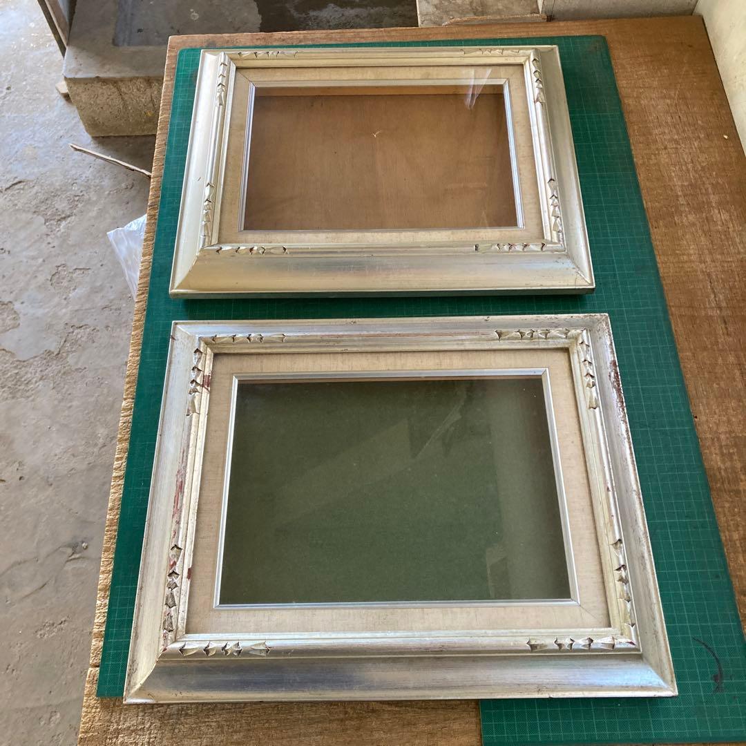 F4号 油彩額縁 赤銀色 シルバーフレーム 木彫 アートフレーム 同種2点セット