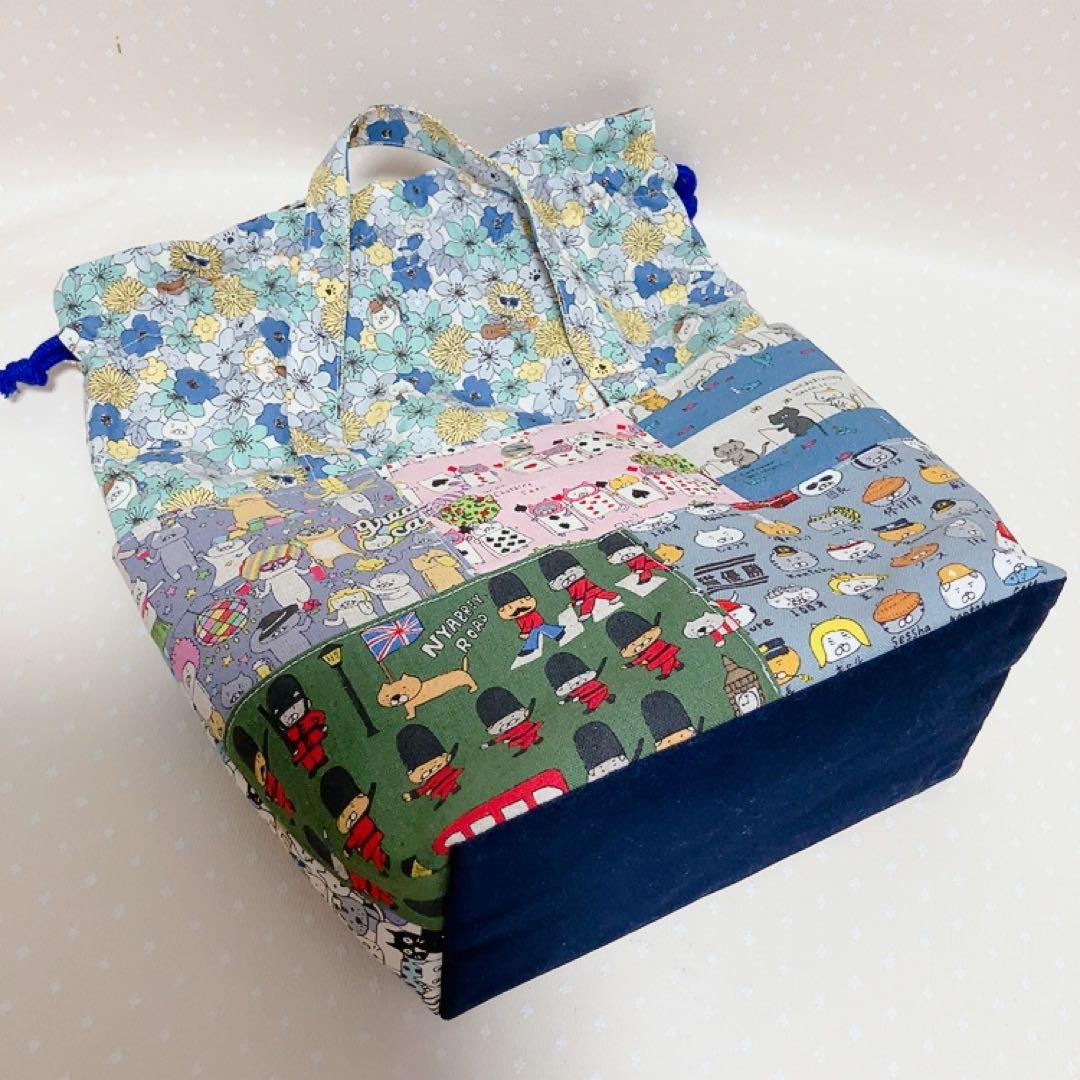 チャッピー。 テントポーチ パッチワーク猫生地 巾着付きトートバッグ