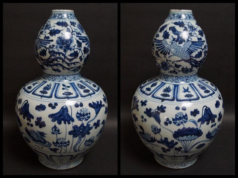 永楽年製在銘 青花染付『鳳凰蓮祥瑞文』瓢箪形大型壺迫力のある壺虫食いアンティーク