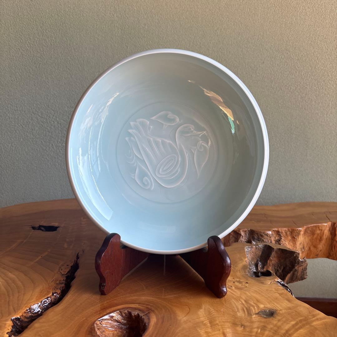 人間国宝 塚本快示 青白磁水鳥文 鉢 共箱