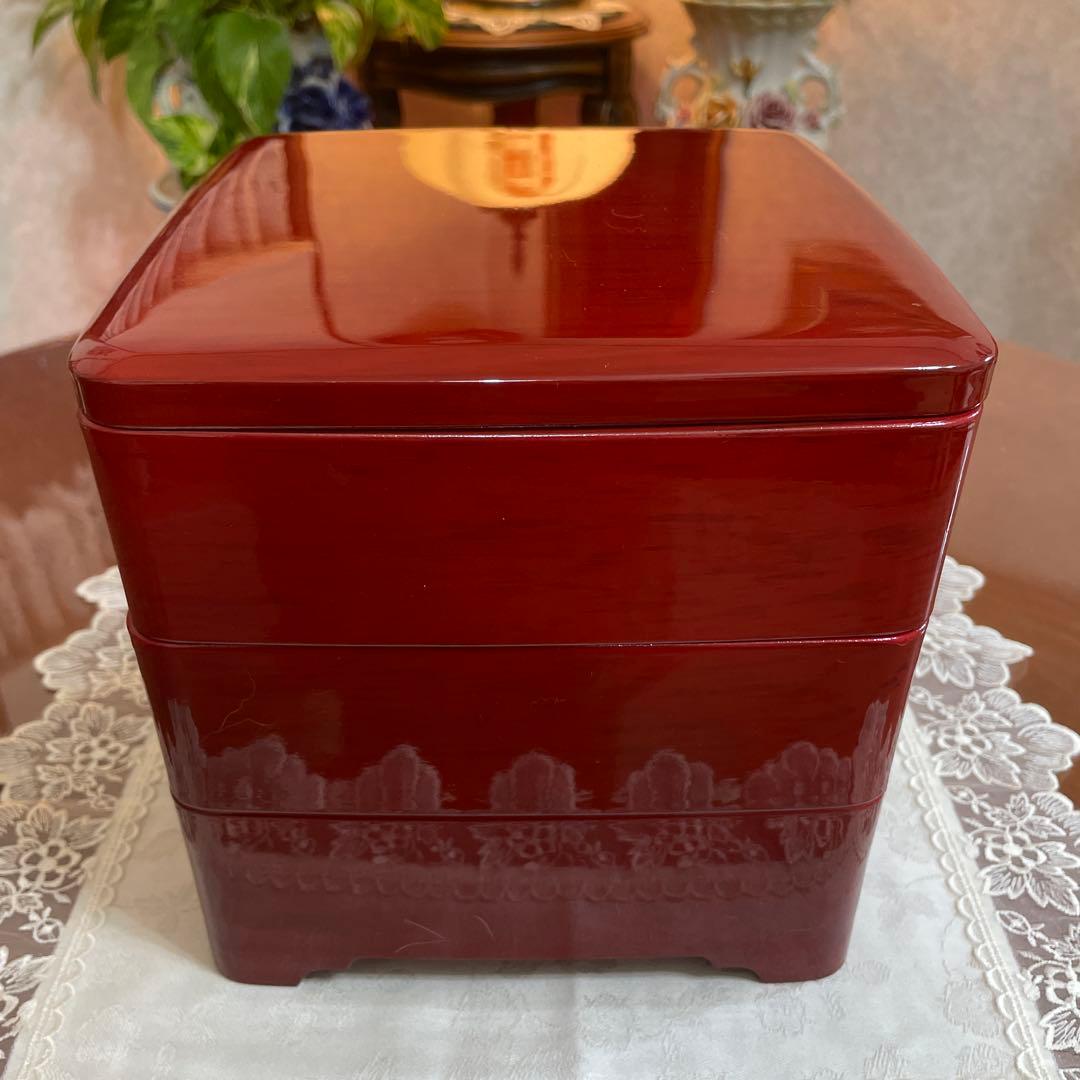 会津塗　うるし塗　天然木　三段重　重箱　未使用　シール付