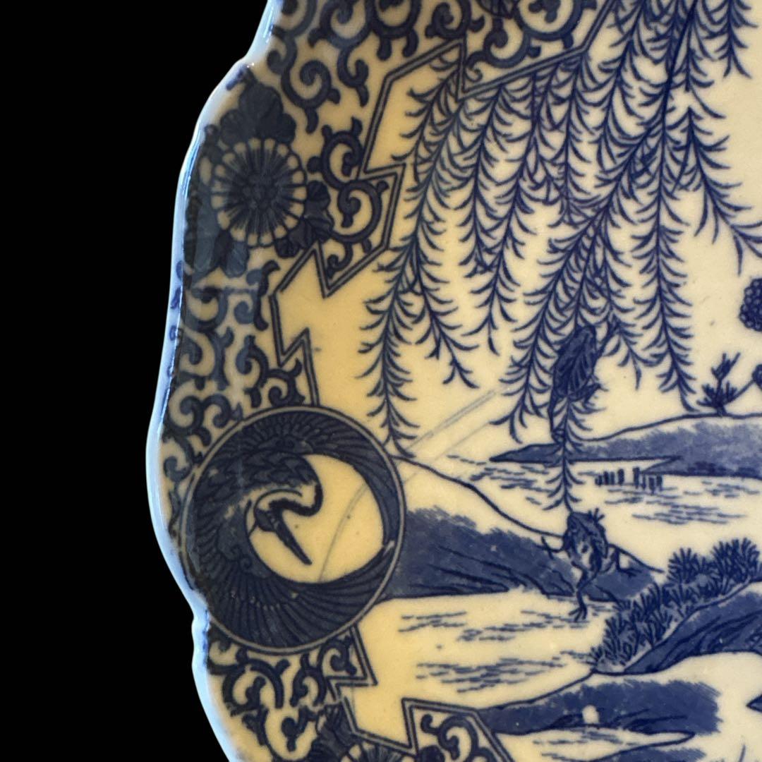 伊万里 アンティーク 染付 印判 中皿 輪花皿 貴人図 柳樹 鶴丸 見返し唐草