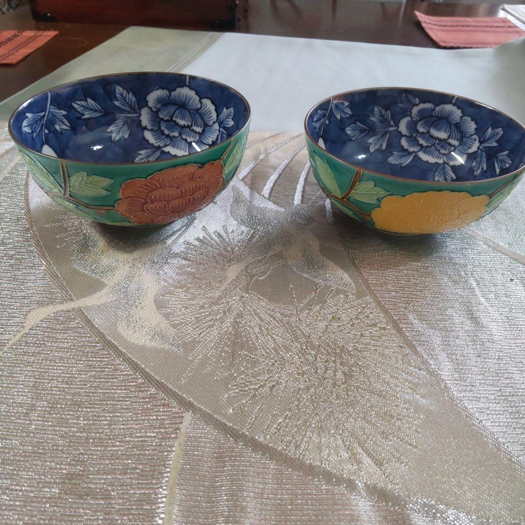 清水焼 手描き 秀峰 緑 交趾(こうち) 夫婦茶碗 お茶碗