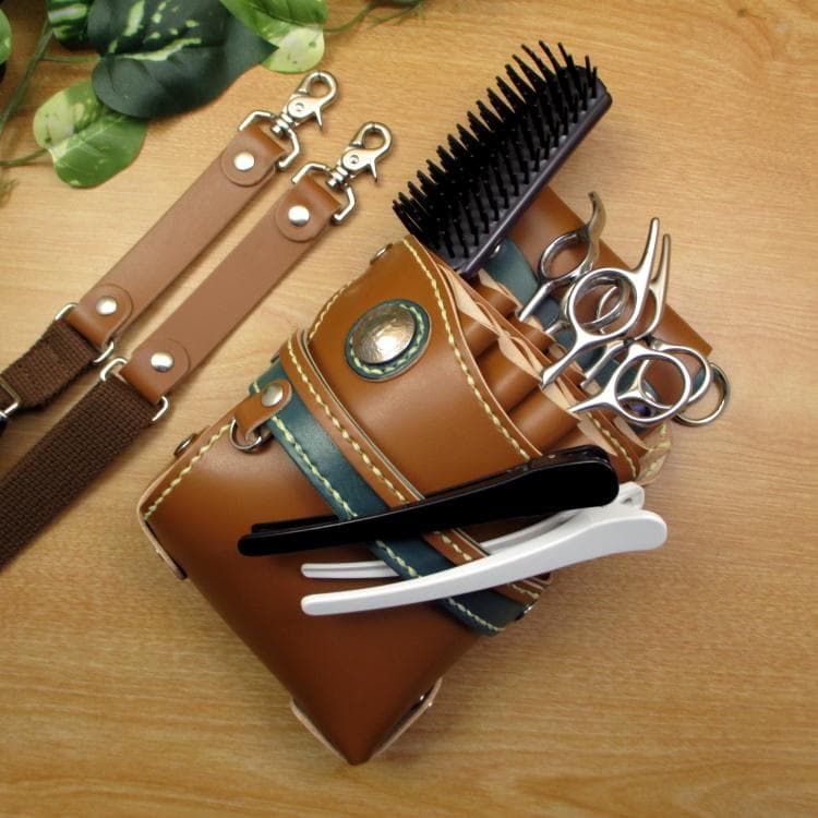 キャメル＆ディープグリーン　９丁差し　本革シザーケース　SCA-243/CCA