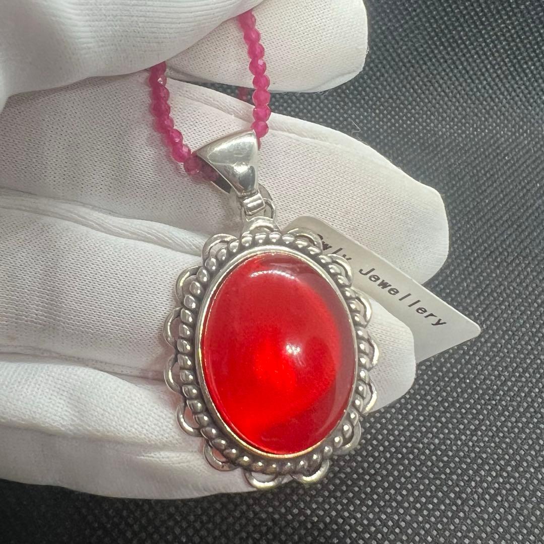 天然ポーランドの赤琥珀のペンダントトップにルビーのチェーンのセットs925使用