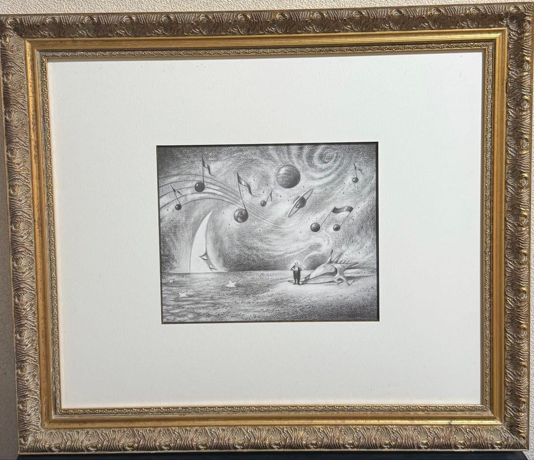 宇宙と音楽　幻想的な風景と人物鉛筆画 （豪華なフレーム付き）　インテリア