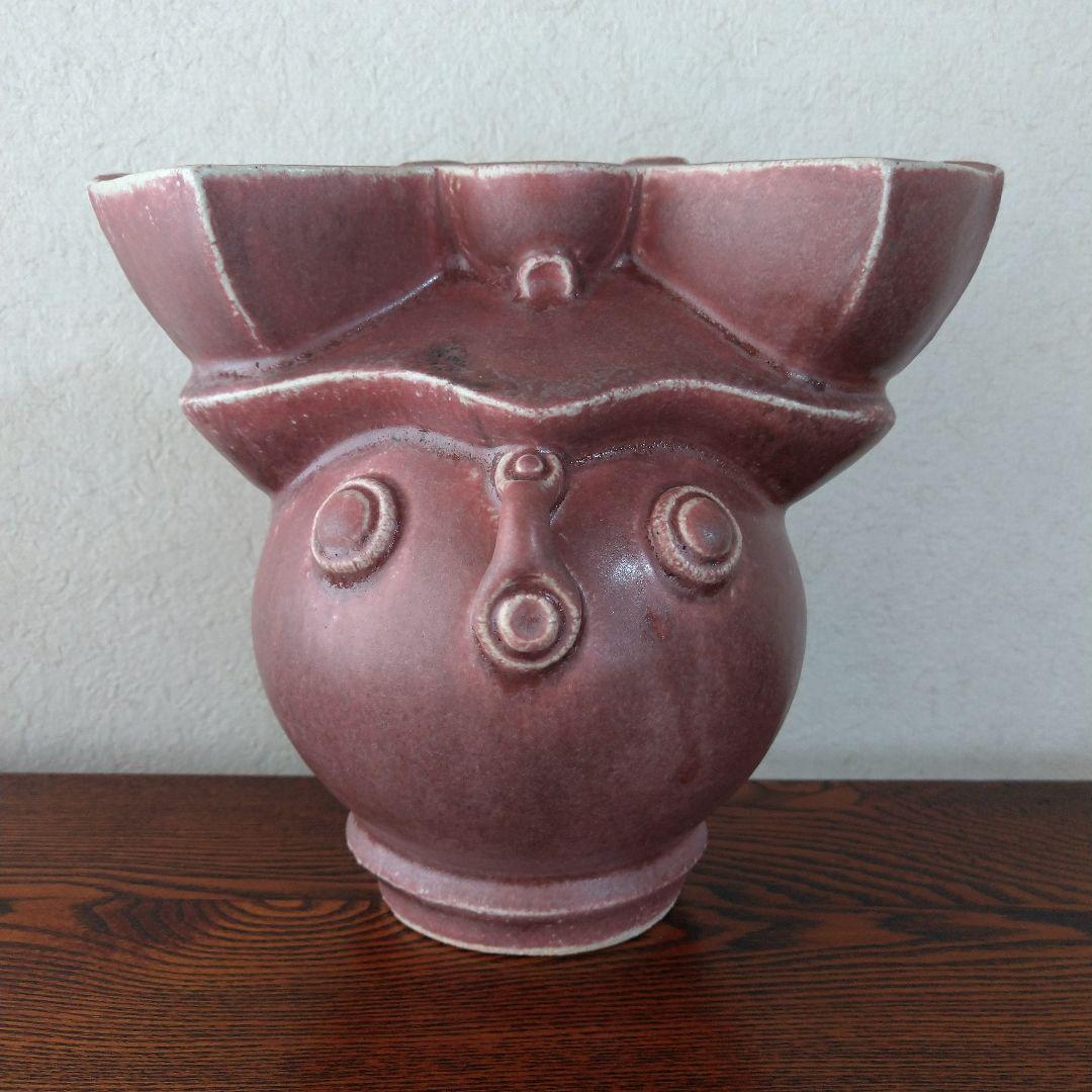 河井創太　辰砂貼文扁壷　桐共箱　黄布・栞・先生サイン入り陶展案内状付き