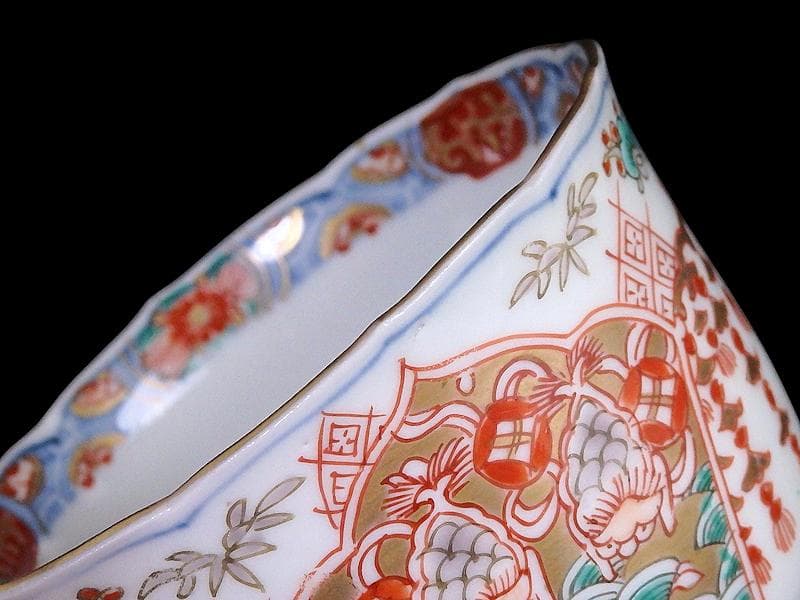 古伊万里　瓔珞紋に松竹梅　獅子に青海波の図　向付　３客　E766AS-fbtr