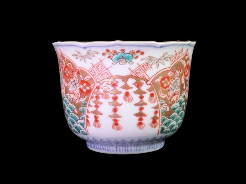 古伊万里　瓔珞紋に松竹梅　獅子に青海波の図　向付　３客　E766AS-fbtr