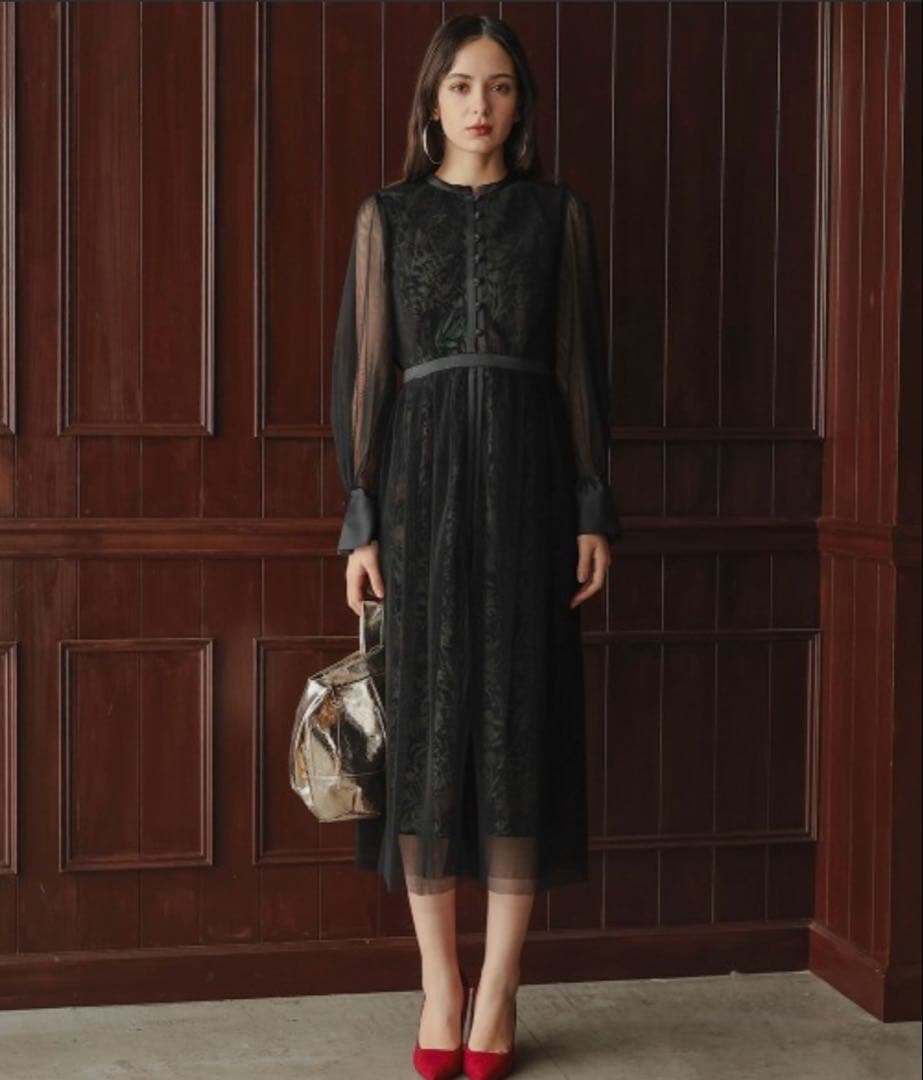 ［Callarus］チュール使い花柄デザインワンピースドレス 3L