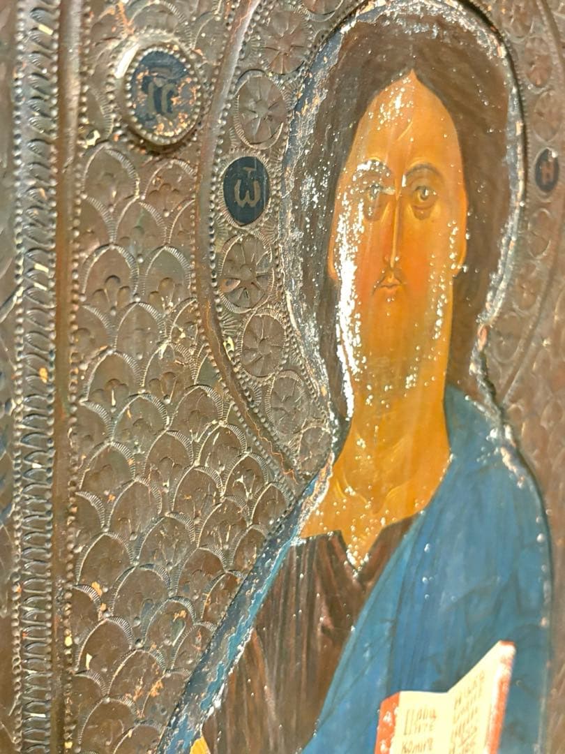 アンティーク宗教画　イコン　全能者ハリストス　パントクラトール　骨董品