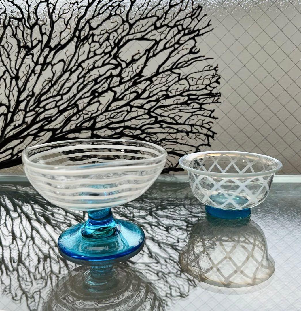 骨董　時代ガラス　超希少　四角型　白糸巻紋　水色脚付　氷コップ　ウラン